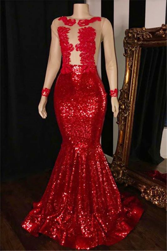 New Arrival Long Sleeve Sequins Mermaid Prom Gowns | Glamorous Sheer Tulle Red Evening Dress