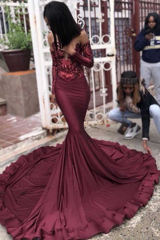 Sexy Burgundy Sequins Mermaid Prom Dresses |  Long Sleeves Evening Dresses