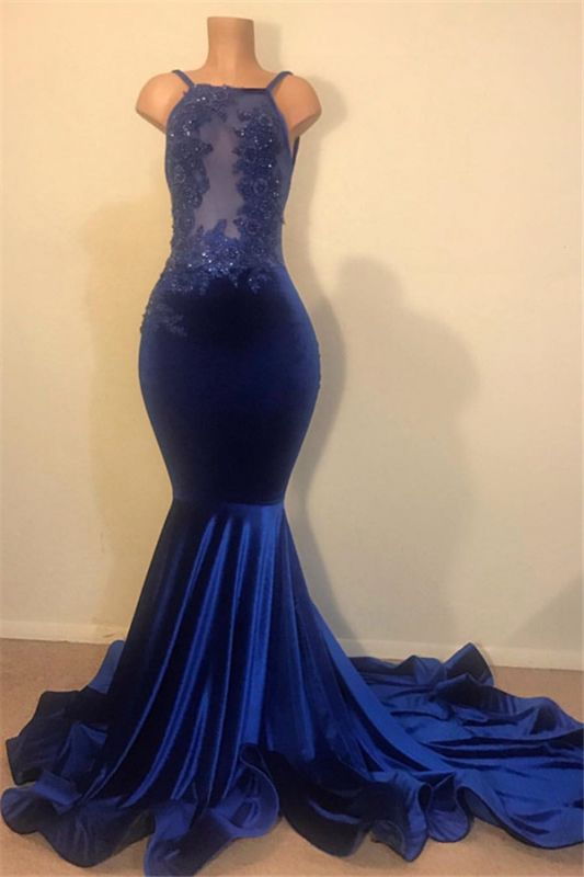 Mermaid Spahgetti Straps Open Back Velvet Appliques Prom Dresses