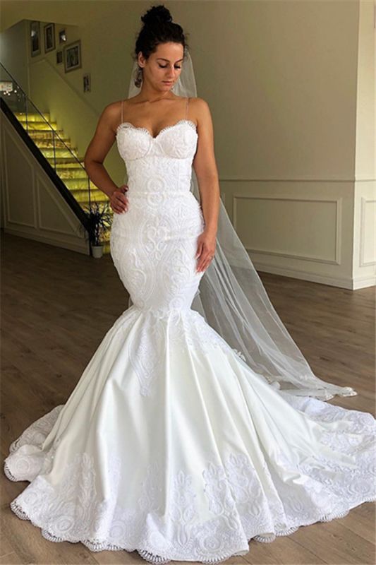 Gorgeous Mermaid Sleeveless Lace Bridal Gowns | Spaghetti Straps  Wedding Dresses Online