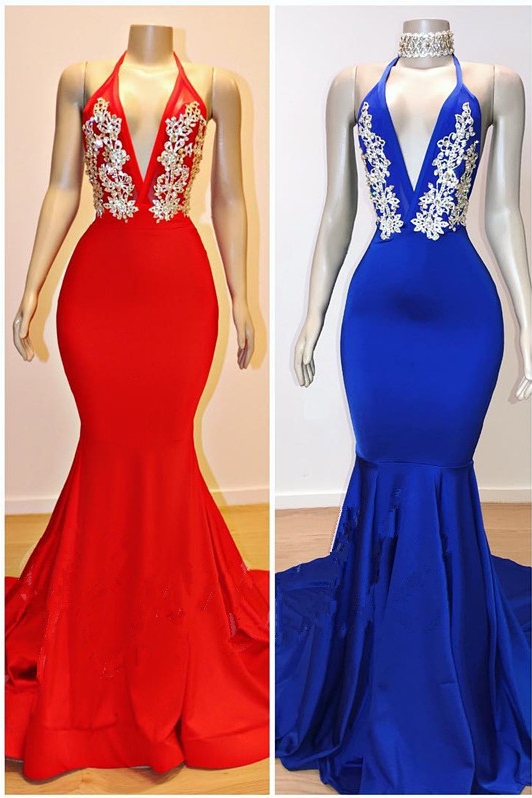 Halter Deep V-neck Sexy Prom Dresses for Juniors | Beads Appliques Mermaid Eveing Gowns