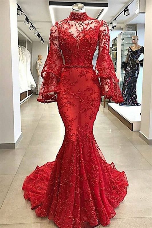 Gorgeous Red High Neck Sheer Tulle Long Sleeve Beads Mermaid Long Prom Dresses