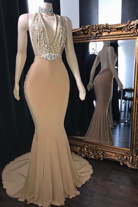 Champagne Crystal Halter Mermaid Long Prom Dresses  | V-Neck Sleeveless Evening Gowns