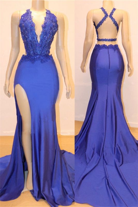 V-neck Open back Side Slit Long Prom Dresses   | Elegant Royal Blue Mermaid Beads Lace Evening Gowns