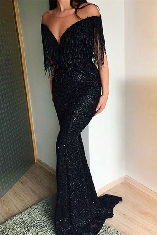 2021 Off The Shoulder Sequins Mermaid Prom Dresses |   Black Tassels Strapless Evening Gowns