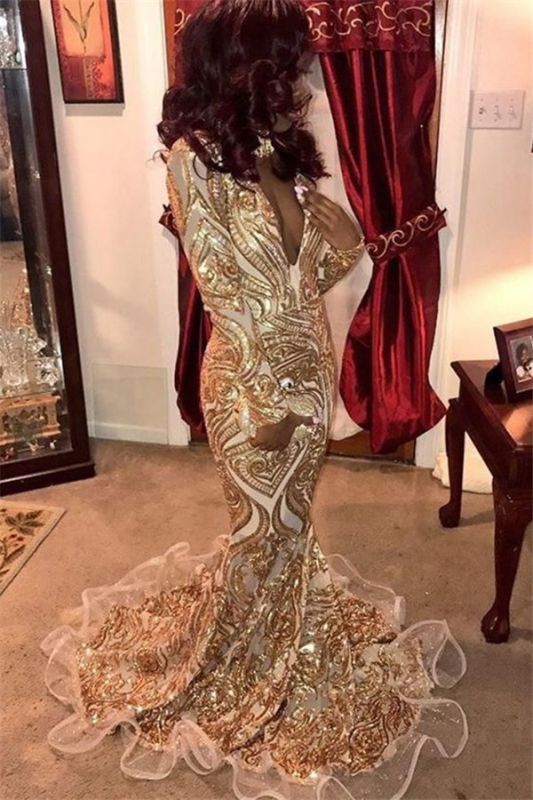 Glamouröser tiefer V-Ausschnitt mit langen Ärmeln Gold Applikationen Mermaid Prom Dresses