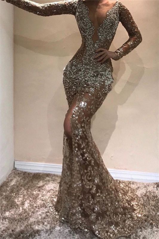 Sexy Mermaid Long Sleeves Open Back Sequins Prom Dresses
