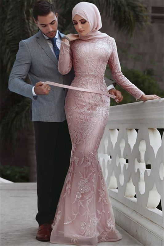 Pink Detachable Long-Sleeves Prom Dresses |   Appliques Lace Sexy Mermaid Evening Gowns