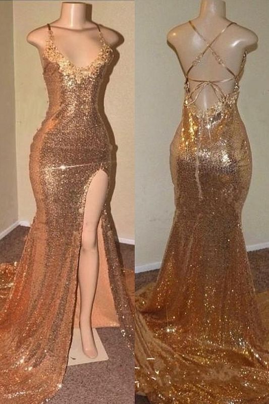 Shiny Gold Sequins Prom Dresses  | Sexy Sleeveless Side Slit Long Evening Gowns