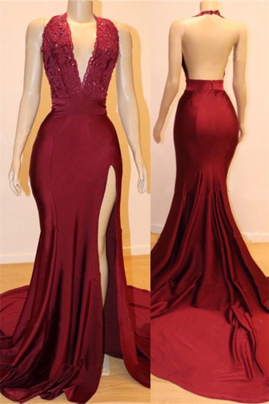 Open Back Burgundy Long Prom Dresses  with Slit | V-neck Halter Affordable Evening Gowns with Court Train