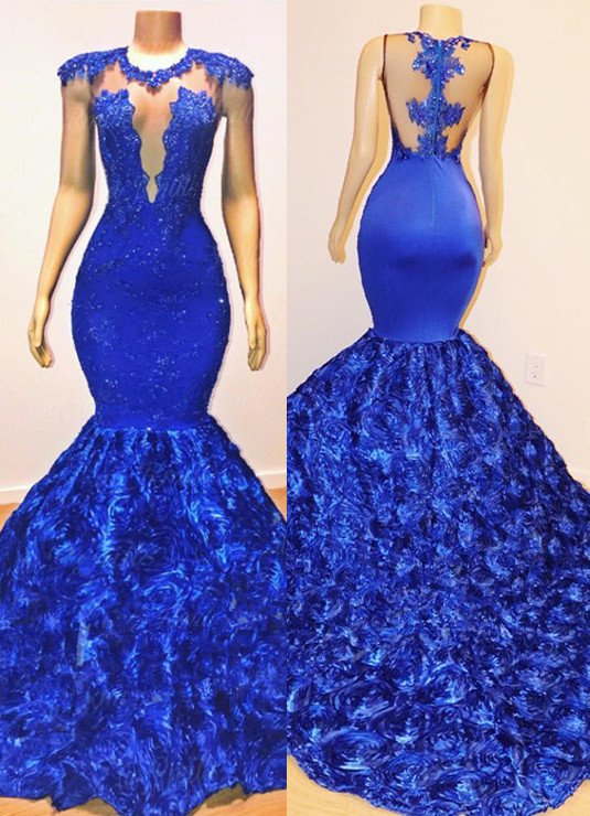Sexy Royal Blue Flowers Mermaid Prom Dresses | Appliques Sleeveless Sheer Evening Dress BC1059
