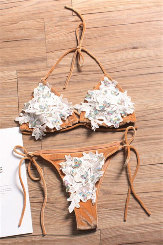 Shiny Sewing Diamonds Push-up Bra Triangle Sexy Bikini Swimsuits