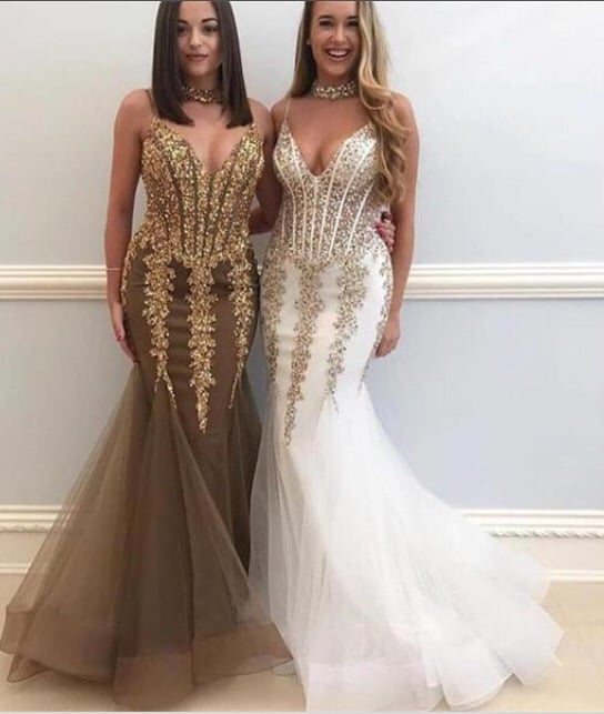 Sweetheart Spaghetti Golden Appliques Tulle Sexy Mermaid Prom Dresses
