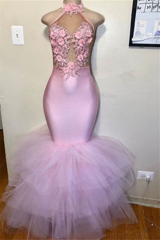 Pink Halter Sleeveless Flowers Appliques Tulle Mermaid Prom Dresses