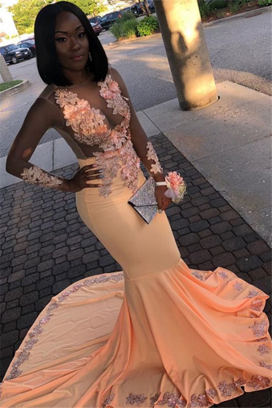 Orange Sheer Tulle Flower Appliques Long-Sleeves Sexy Mermaid Prom Dresses