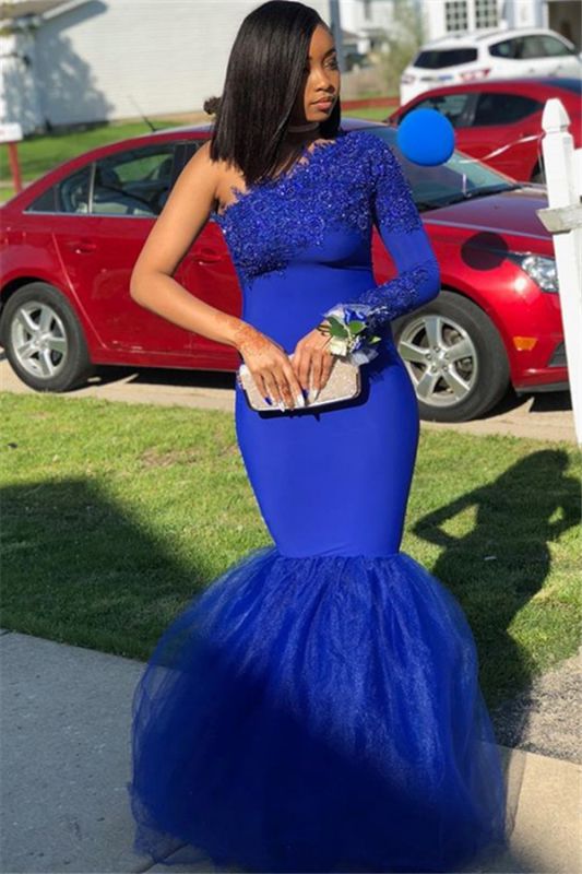 Royal Blue One-Shoulder Appliques Sexy Mermaid Evening Gown