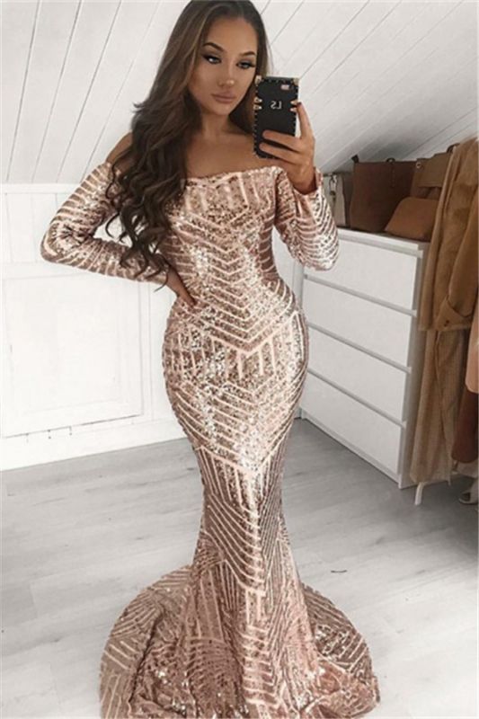 Sexy Sequins Off-The-Shoulder Long-Sleeves Sexy Mermaid Prom Dresses