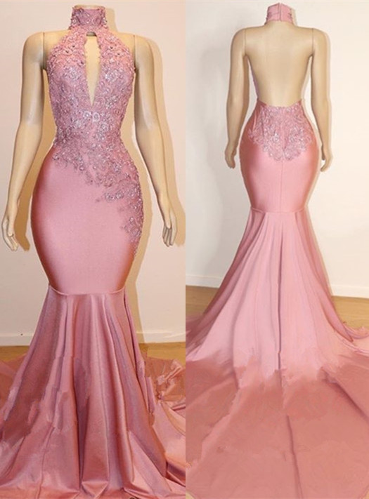 Halter Backless Sexy Mermaid Appliques Long Train Prom Dresses