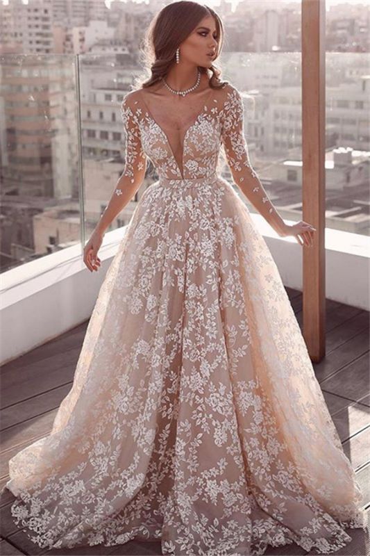 Elegant Lace Appliques Wedding Dresses | Long Sleeve  Bridal Gowns