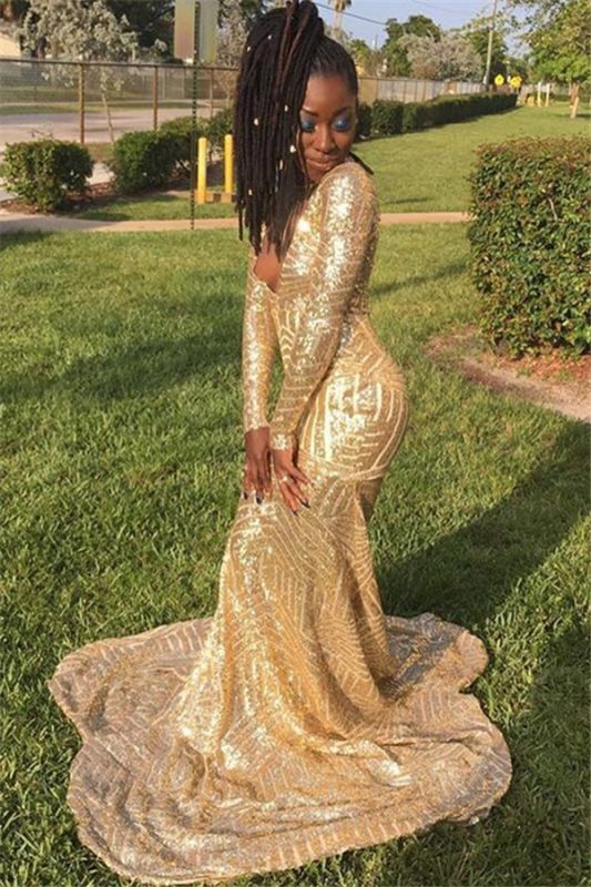 Gold Long-Sleevees V-Neck Sequins Sexy Mermaid Prom Dresses