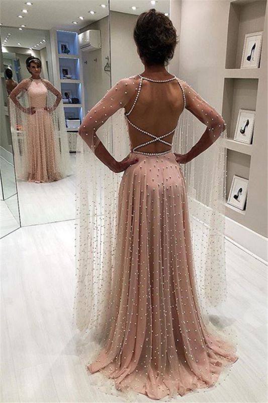 Elegante rosa Sheer-Tulle Backless rebordear una línea vestido de fiesta