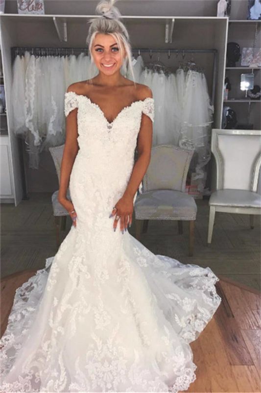 Elegant Lace Appliques Off The Shoulder Wedding Dresses | See Through Sleeveless  Bridal Gowns