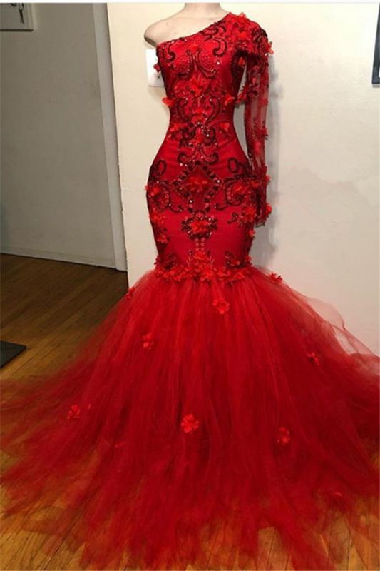 Glamorous Red One Shoulder Long Sleeve Appliques Mermaid Prom Dresses