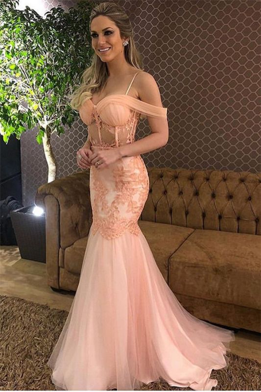 Sex Pink Off-The-Shoulder Applique Tulle Sexy Mermaid Prom Dress