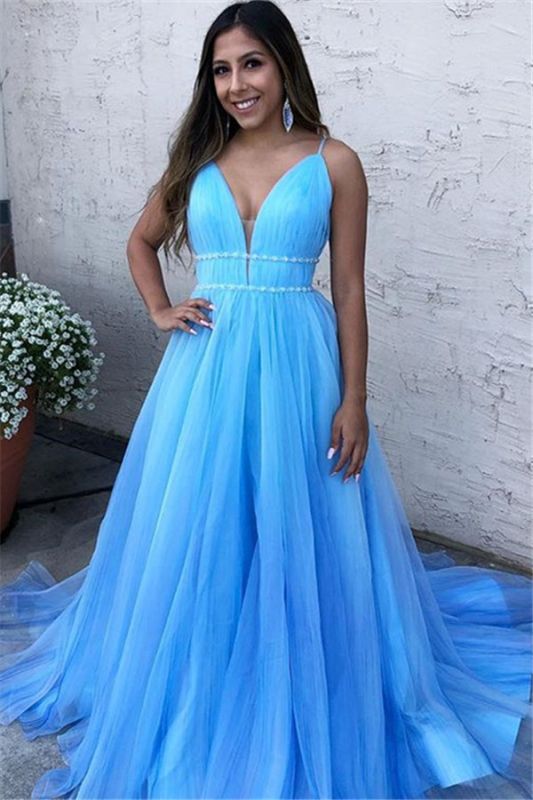 Sky Blue Spaghetti-Straps  Tulle Sleeveless Prom Dress