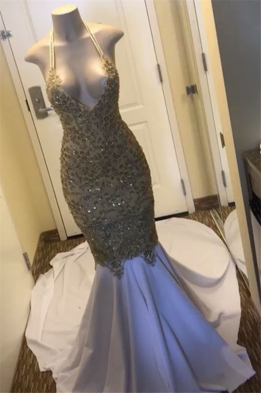 Gorgeous Halter Sequins Appliques Sleevless Mermaid Long Prom Dresses Cheap