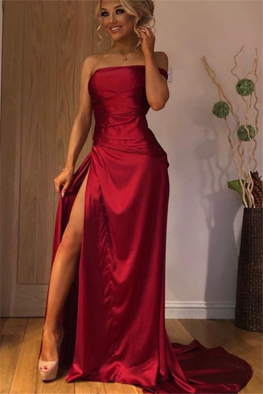 Glamorous Red Strapless Bateau Side-Slit  Evening Gown