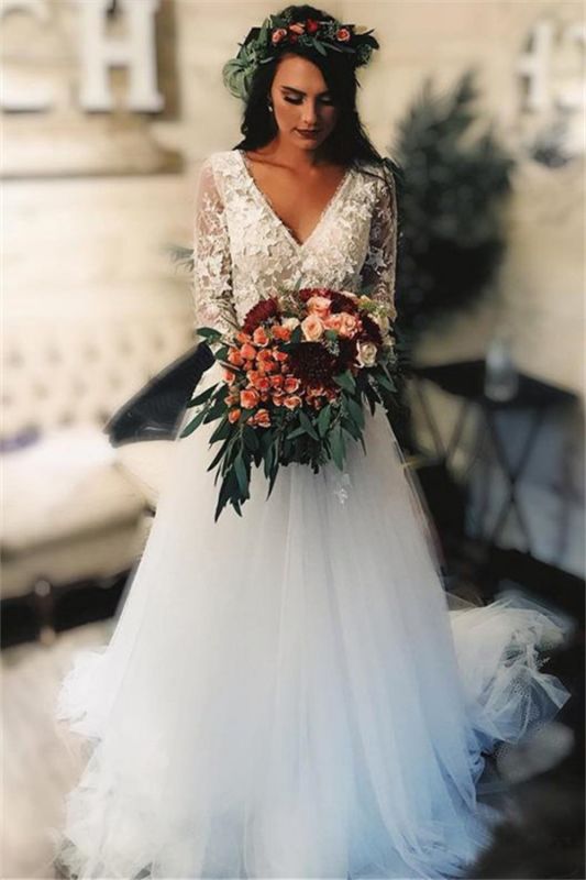 Elegante V-Ausschnitt Applique Brautkleider | Sheer Longsleeves Floral Brautkleider