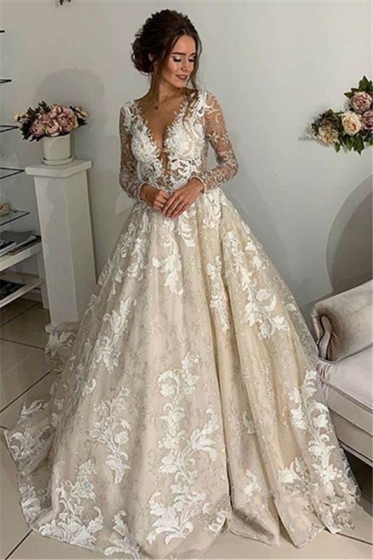 Apliques de encaje glamoroso vestidos de novia con cuello en v | Sheer mangas largas sin respaldo floral vestidos de novia