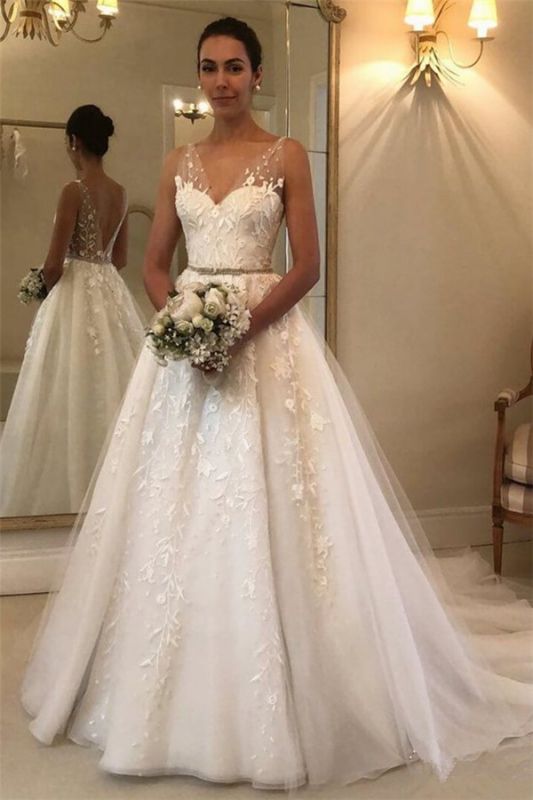 Elegante schiere Riemen Applique Brautkleider | Ärmellose Blumen Brautkleider mit Bändern