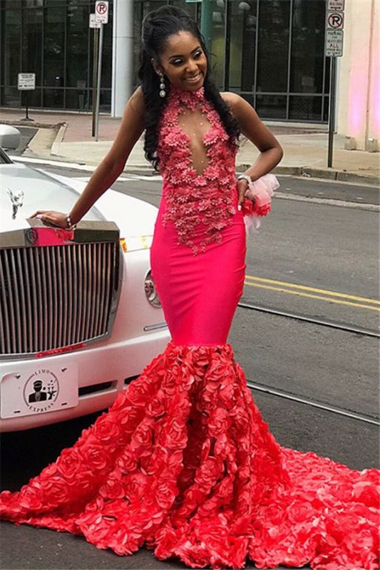 Chic Halter Flower Applique Sleeveless Long Prom Dress