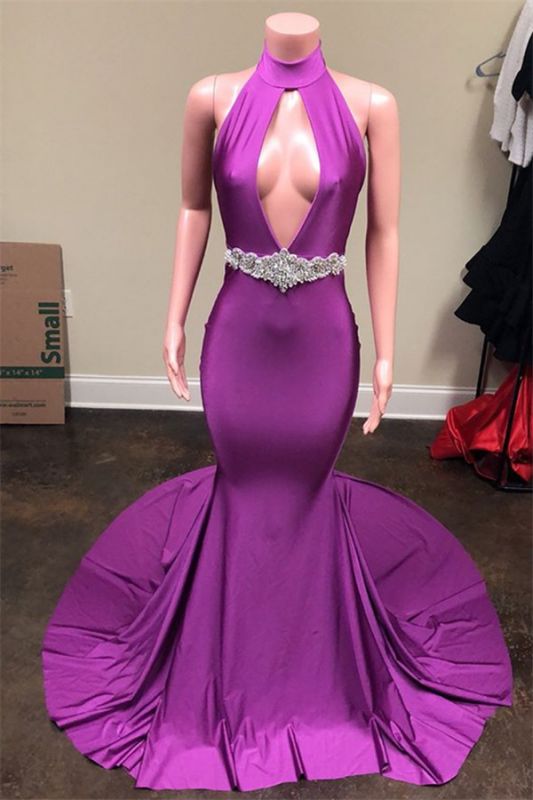 New Arrival Purple Prom Dresses Halter V-Neck Open Back Sleeveless Mermaid Evening Gown