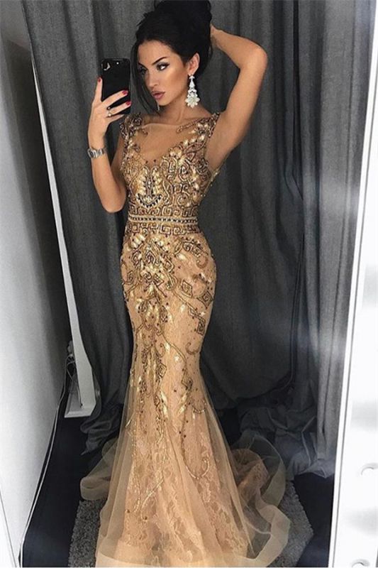 Gold Applique Straps Sleeveless Tulle Sexy Mermaid Prom Dress