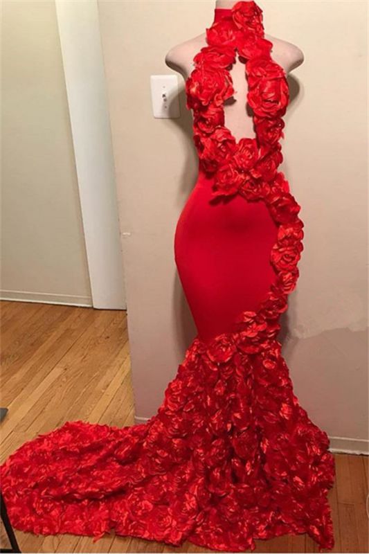 Glamorous Red Halter Flowers Sleeveless Mermaid Prom Dresses