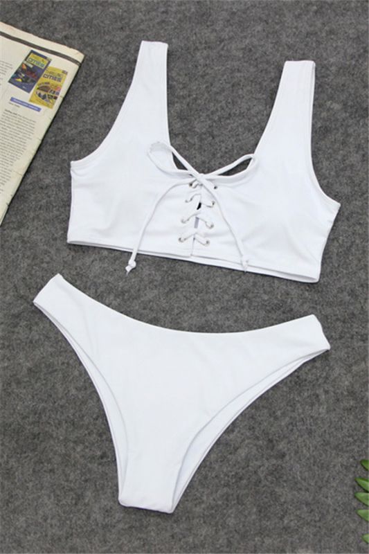 Schlichte Riemen Schnürung Zweiteilige Bikini-Sets mit hoher Taille