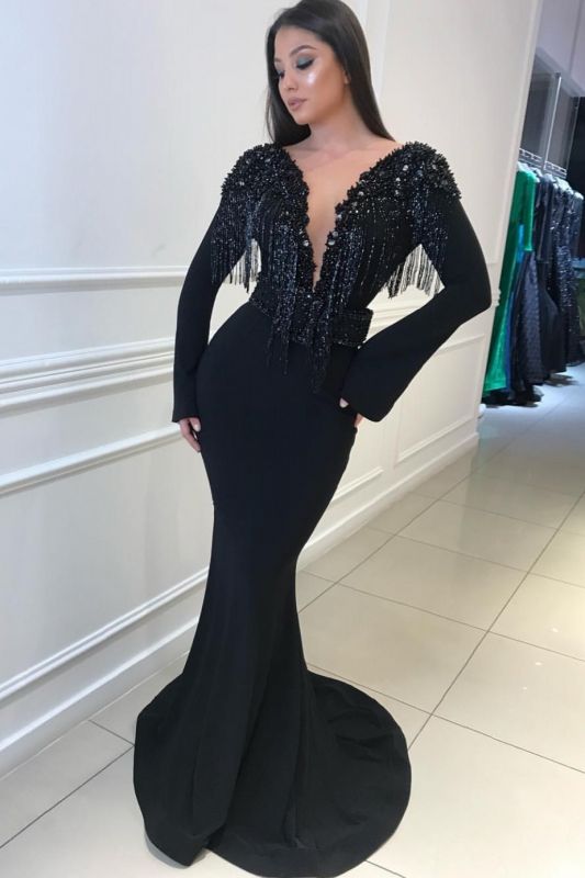 Long Sleeves Sexy Mermaid Deep V-neck Tassel Beading Open Back Prom Dresses