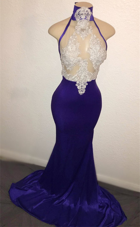 Elegant High Neck Appliques Sheer Tulle Sleeveless Mermaid Long Prom Dresses