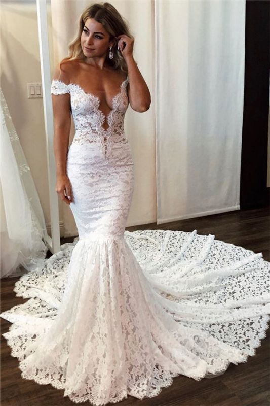 Latest Lace Off The Shoulder Sexy Wedding Dresses |  Mermaid Sleeveless  Bridal Gowns