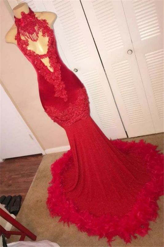 Sexy Mermaid Red Prom Dresses with Feather | Sleeveless Lace Appliques Prom Gowns on Mannequins