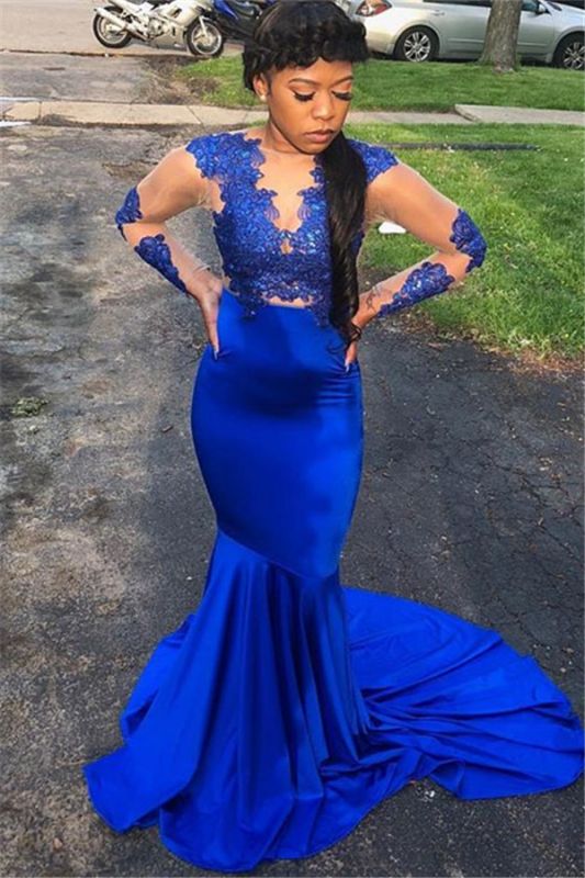 Royal Blue Long-Sleeves Appliques Sheer Tulle Sexy Mermaid Evening Gown