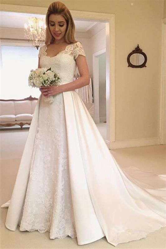 Latest Appliques Cap Sleeves Lace Wedding Dresses | Overskirt Jewel Cheap Bridal Gowns