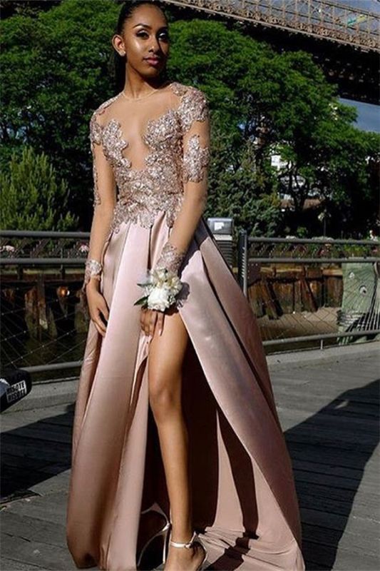 Chic Long-Sleeves Side Slit Backless Applique  Long Prom Dress