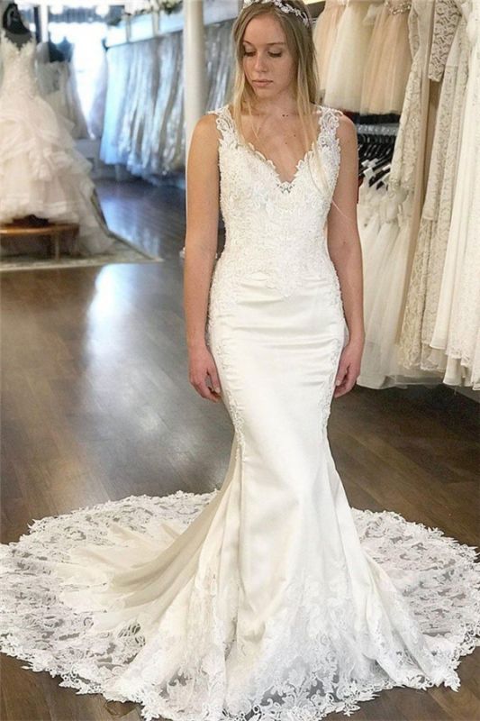 Sexy V-Neck Lace Appliques Wedding Dresses Online | Sleeveless Backless Sexy Mermaid Bridal Gowns