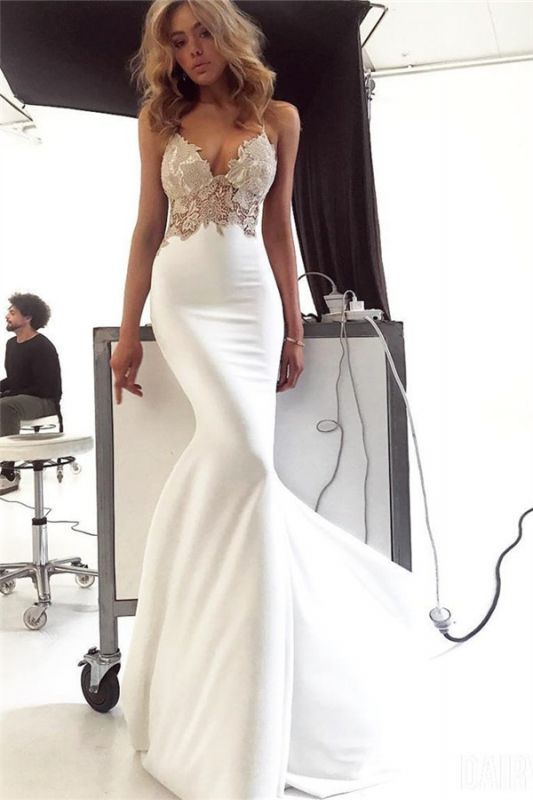 New Arrival Spaghetti Straps Open Back Appliques Sexy Mermaid  Wedding Dresses