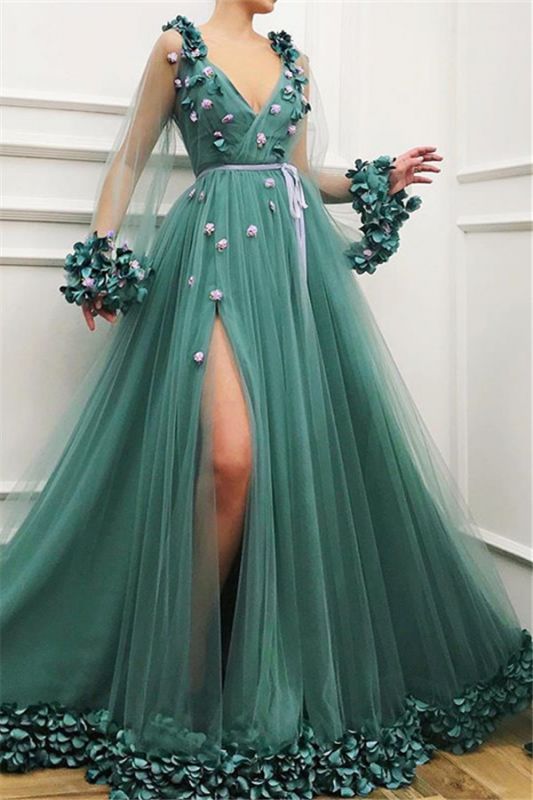 Chic Green Long-Sleeves Tulle Side-Slit  Prom Dress
