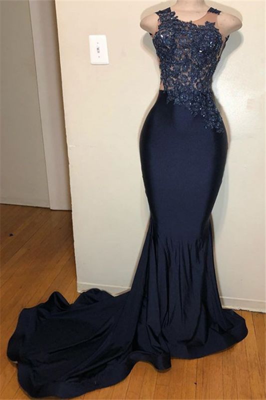Dark Blue Straps Sleeveless Appliques Mermaid Prom Dresses